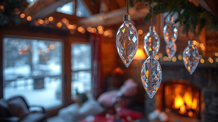 Crystal Ornaments Hanging with Warm Lights and Holiday Charm