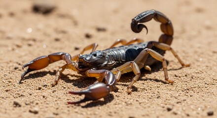 Scorpion on sand, close-up view of a dangerous arachnid.