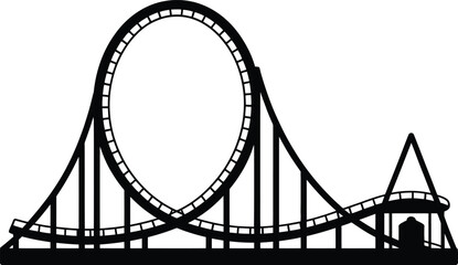 Black roller coaster illustration with a large loop on transparent background silhouette