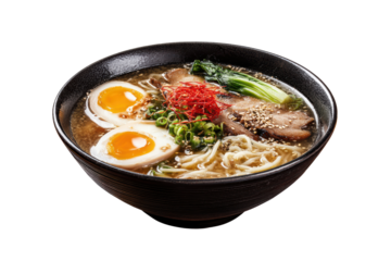 A bowl of ramen soup with eggs and green vegetables. The bowl is black and the soup is white, png