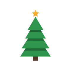 Obraz premium A minimalist flat design illustration of a classic green Christmas tree, topped with a bright yellow star, perfectly embodying the festive holiday season and winter joy.
