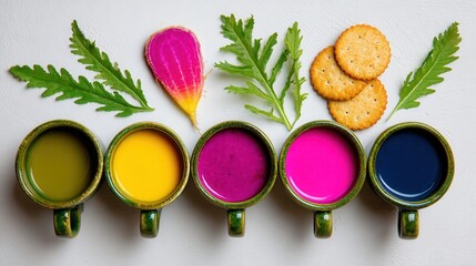 Colorful beverages in ceramic cups with leaves crackers
