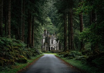 Fototapeta premium Mysterious forest path to old mansion