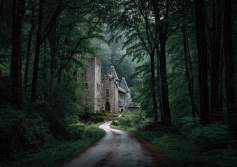 A stone castle nestled deep within a shadowy forest