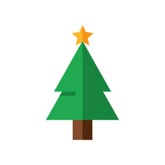 Fototapeta premium A charming flat design illustration of a festive green Christmas tree adorned with a bright golden star, symbolizing holiday cheer and winter celebrations.