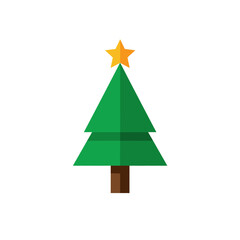 Obraz premium This charming flat design illustration features a festive green Christmas tree, beautifully adorned with a bright golden star, symbolizing joy and holiday spirit.