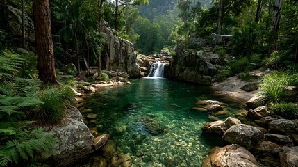 Tranquil jungle paradise with crystal clear waterfall high resolution picture
