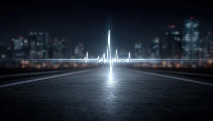 Digital Heartbeat ECG Line Glowing Neon Blue Over Dark Asphalt Road Leading Towards Blurred Cityscape at Night with Bokeh Lights