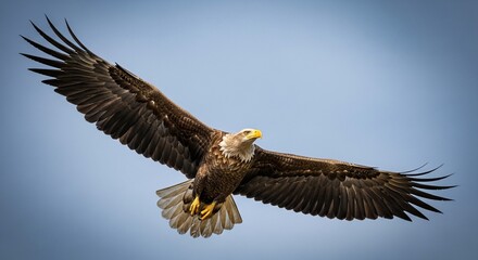 Obraz premium Majestic white-tailed eagle soaring through the sky with wings fully extended.