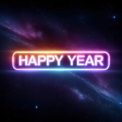 Obraz premium Digital Neon Sign With Happy Year Text Glowing In Purple And Orange Colors Against A Starry Night Sky Background With Nebula Effect