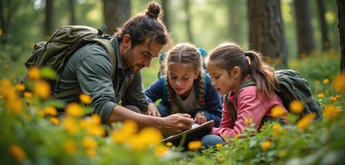 Father teaches daughters navigation skills using map and compass in forest. Family enjoys outdoor activity, learning about nature and adventure together during a geocache hunt.