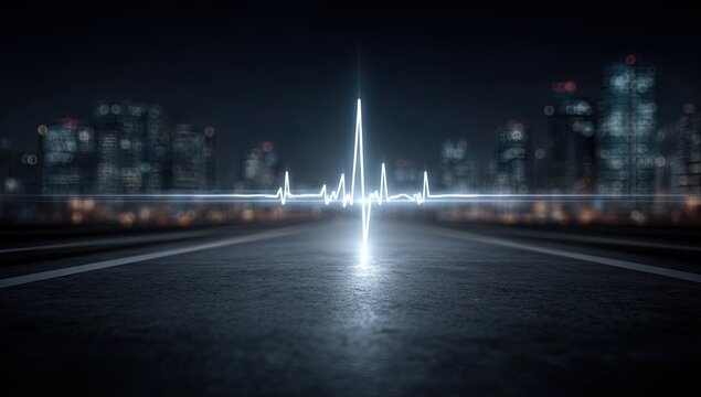 Digital Heartbeat ECG Line Glowing Neon Blue Over Dark Asphalt Road Leading Towards Blurred Cityscape at Night with Bokeh Lights