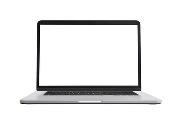 A laptop with a blank screen. The laptop is open and sitting on a white background. The laptop is a silver color and is the main focus of the image, png