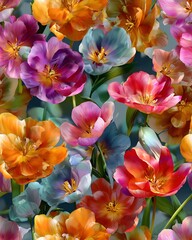 Seamless Pattern Vibrant colorful flowers blooming in sunlight.