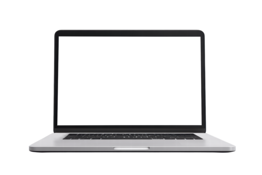 A laptop with a blank screen. The laptop is open and sitting on a white background. The laptop is a silver color and is the main focus of the image, png