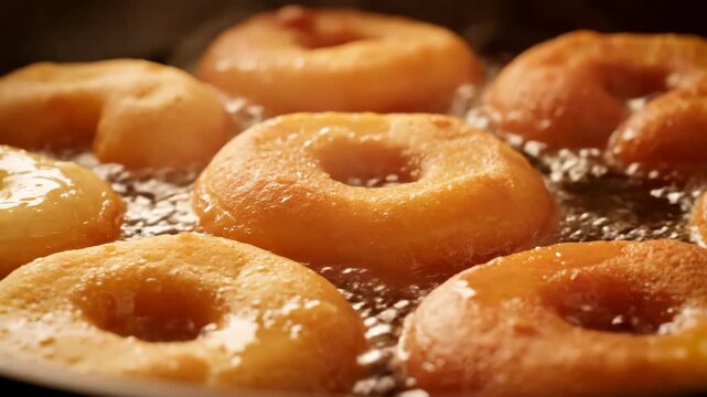 Donut frying in hot bubbling oil in a deep fryer to golden brown perfection. Sweet pastry dessert preparation footage.