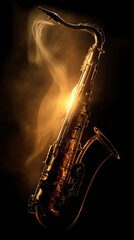Obraz premium Glowing Silhouette of a Saxophone in Smoky Atmosphere Representing Jazz Music Elegance and Golden Lighting Effects