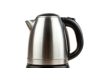 A silver tea kettle sits on a white background. The kettle is black and silver, and it is sitting on a white surface, png