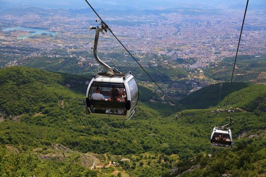 View from cable car to Dajti Mountain towards downtown Tirana, Albania.