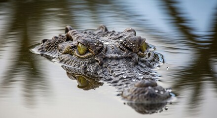 Obraz premium Close-up of a crocodile's head in the water, eyes above the surface.