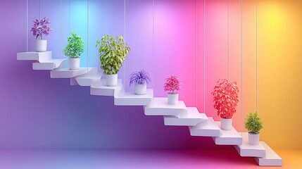 Obraz premium illustration of a white staircase from a low angle, looking up. The wall beside it is a gradient of a few pastel colors, subtly shifting from one to the next. A cluster of different small potted 