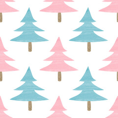 Watercolor Christmas Pine Trees Seamless Pattern Pink Blue Festive Winter Holiday Background