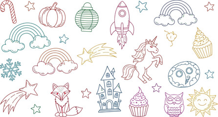 Fototapeta premium Vector art of whimsical doodle collection featuring a rocket, unicorn, fox, and rainbow