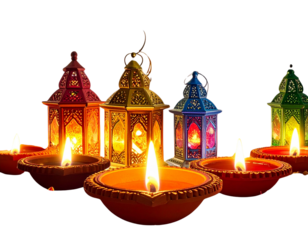 Set of Diwali diya and lantern on transparent background PNG