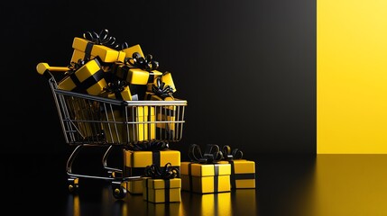 Black Friday Shopping Spree Cart Overflowing with Golden Gifts