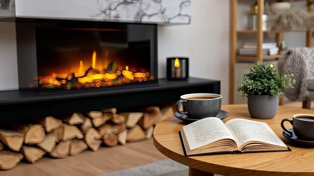 Cozy reading nook with a warm fireplace, coffee, and a captivating book in a modern living room during a relaxing afternoon
