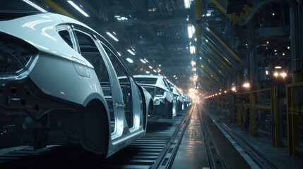 Fototapeta premium Realistic Automotive Assembly Line with Car Bodies in Production Process at a Modern Factory Setting with Advanced Technology and Equipment