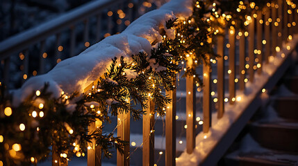 Snow-covered garland glowing with warm golden light