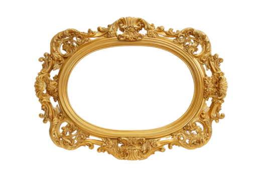 A gold framed oval with a white background. The frame is ornate and has a lot of detail, png