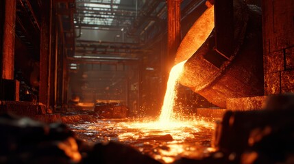 Realistic Factory Scene with Molten Metal Flowing from Steel Ladle in Production Line for Industrial Use and Manufacturing Concepts