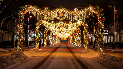 Grand holiday street with golden lights and festive archway