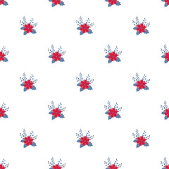 Red Floral Bouquet Pattern With Blue Leaves On White Background — Seamless Repeat