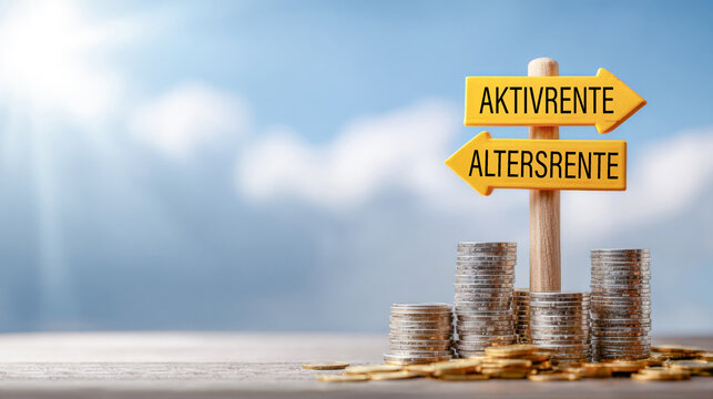 Politik - Altersrente Rente wird zu Aktivrente, Stapel mit Euro M&uuml;nzen und Schilder mit Text auf Tisch