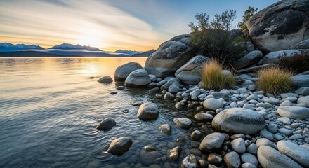 Scenic lakeside view with rocks and calm water at sunset.