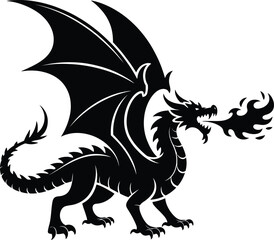 Majestic black dragon breathing fire detailed wings a striking silhouette on transparent background