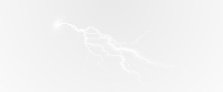 Realistic lightning flash effect, thunderstorm and lightning. Shining white lightning isolated on transparent background, natural phenomenon png.	
