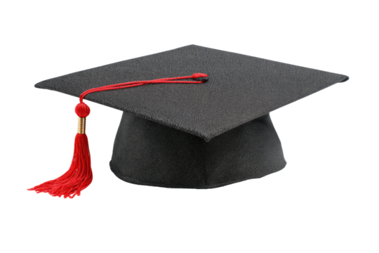 A black and red graduation cap with a red tassel. The cap is sitting on a white background, png