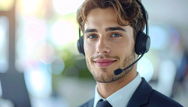 Portrait of Customer Service Representative: A friendly and approachable male customer service representative is shown wearing a headset, smiling confidently, in an office environment.