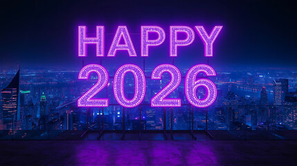 Happy 2026 glowing neon sign with purple festive light