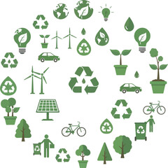 Green energy and sustainability concept with diverse eco friendly icons arranged in a circle