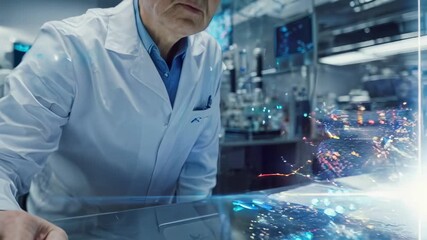 Senior scientist in a lab coat and safety goggles working with a glowing holographic neural network display, manipulating futuristic augmented reality data in a cutting edge research facility - Powered by Adobe