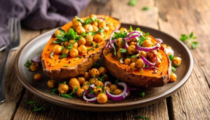 Ger&ouml;stete S&uuml;&szlig;kartoffeln mit Kichererbsen und frischen Kr&auml;utern