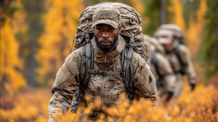 Obraz premium Soldiers on a mission navigate through a vibrant forest filled with autumn colors