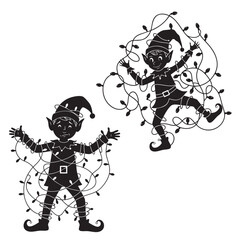 Obraz premium Funny Christmas Elf Tangled in Holiday Lights Vector Silhouette Set