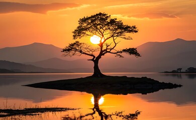 a lone tree stands on island reflecting in calm water at sunset