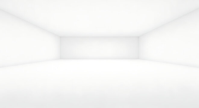 Expansive empty white room with bright even lighting, offering a minimalist interior background for product displays or architectural concepts